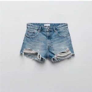 New Zara Highrise Blue Distressed Jean Shorts